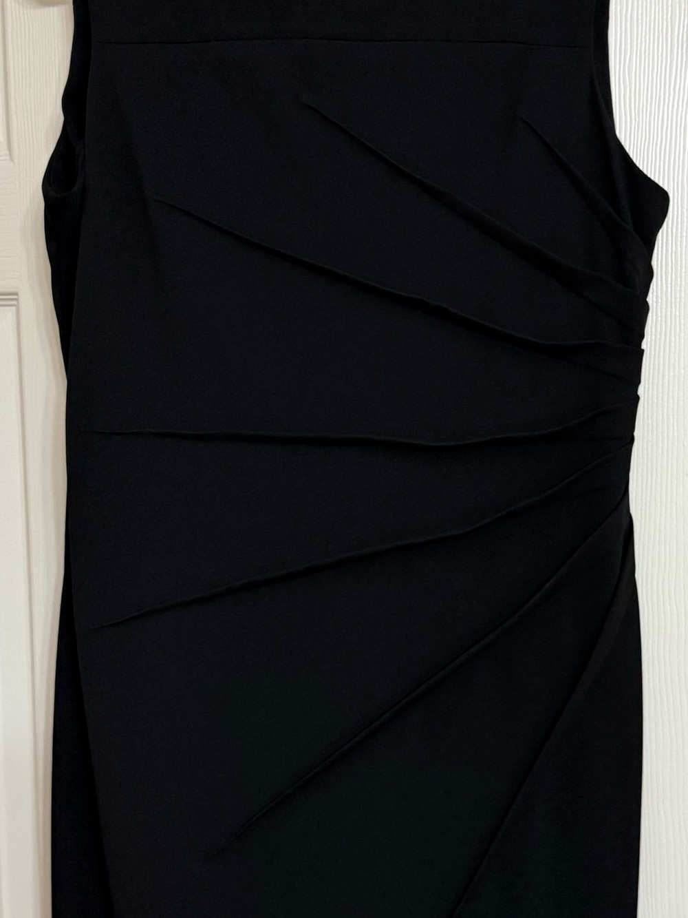 Calvin Klein Black Sleeveless Midi Sheath Dress with Diagonal Pleats